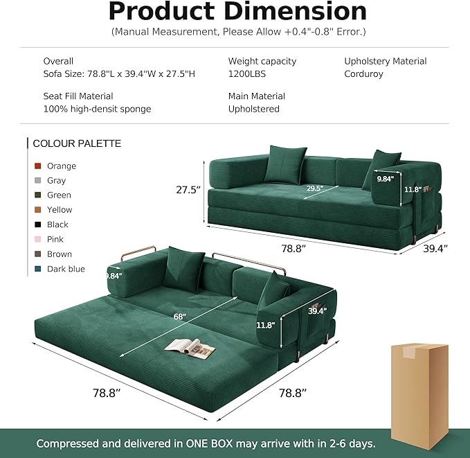 MoonSpeak 78.8''Sleeper Couch Bed for LivingroomConvertible Modular Sofa with Armrest PillowModular Foldable Corduroy Couches in a BoxNo Assembly (Emerald Green)