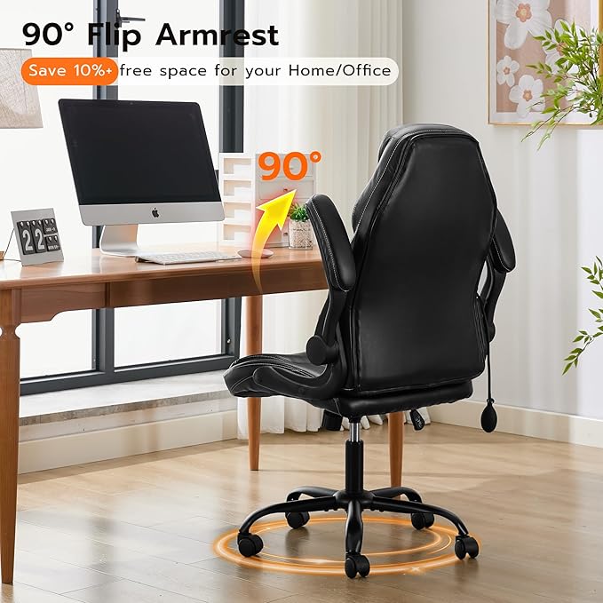 Office Desk Chair Ergonomic Computer Chair with Padded Flip-Up Arms and Adjustable Lumbar Support PU Leather Executive Chair with Tilt Lock and 360° Swivel Rolling Wheels for Work Study