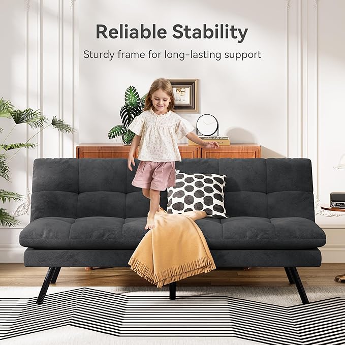 Convertible Futon Sofa Bed Memory Foam Futon Couch with Adjustable Backrest Folding Small Loveseat Sleeper Recliner for Living Room Apartments Bedroom or Office (Black)