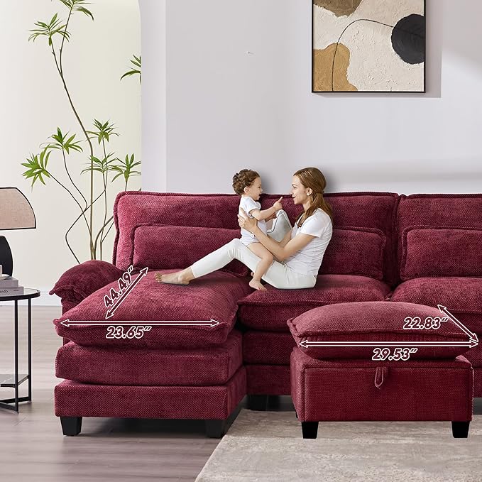 U Shaped Modern Sofa Modular Sectional Cloud Couch with Storage Ottoman Upholstery Chenille Deep Seat Sofa with Charging Port for Living Room Reversible Chaise Lounge Wine Red
