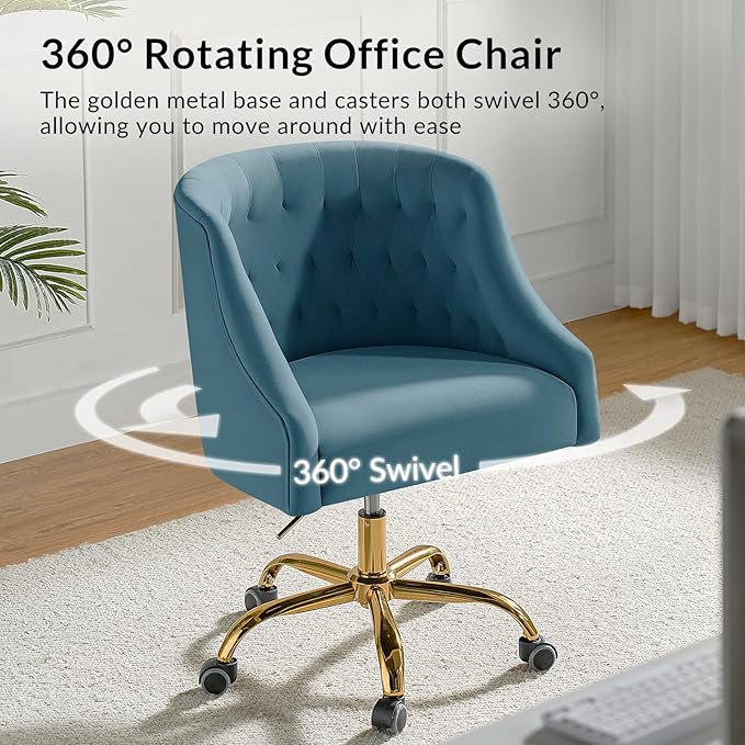 Velvet Office Chair with Gold Base Modern Cute Desk Chair Comfortable Adjustable Swivel Task Chair for Home Office Living Room Bedroom Vanity Study