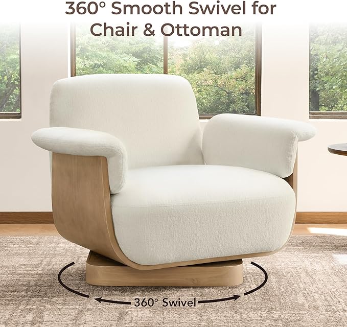 CHITA Fabric Swivel Chair with Storage Ottoman Modern Living Room Accent Chair with Lounge Seat for Bedroom Office Cream