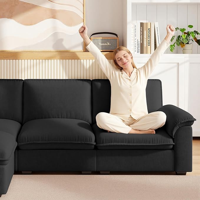 KEIKI 102 3Seat Modular Sectional Velvet Sofa Couch with Chaise Memory Foam for Urban Loft Small Space Style Conscious Urban Professionals Warm Inviting Comfy Supportive Premium Design Black