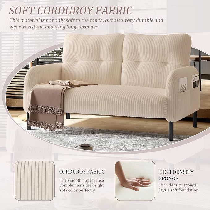 47'' Small Loveseat Sofa Comfy Corduroy Love Seat Couch for Small Spaces 2 Seater Sofa Office Couch with Solid Wood Legs for Living Room Bedroom Apartment (Beige)