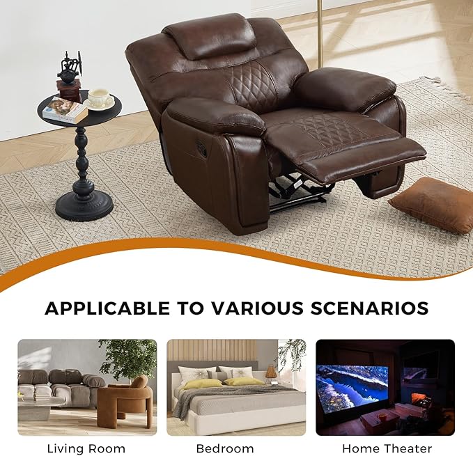 EBELLO Manual Recliner Chair Genuine Leather Reclining Sofa Chair Couch for Living Room Bedroom Furniture Meeting Room Single Couch with Comfortable Armrest and Backrest Brown