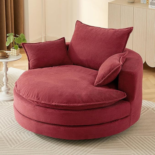 Merax 360° Swivel Sofa Chair 57.5 Swivel Accent Barrel Chair with Dual-Layer Cushion Design Modern Corduroy Leisure Sofa Round Chaise Lounge with 3 Removable Pillows for Living Room Bedroom