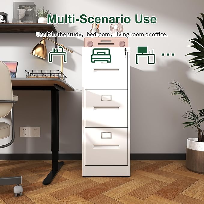3 Drawer File Cabinet with LockMetal Vertical Filing Cabinets Office Home A4 Legal/Letter Size Narrow File Cabinet LockedAssembly RequiredWhite