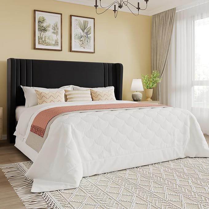 SHA CERLIN Full Size Velvet Upholstered Platform Bed Frame with Vertical Channel Tufted Wingback Headboard Wooden Slats Support Easy Assembly Under Bed Storage No Box Spring Required Black