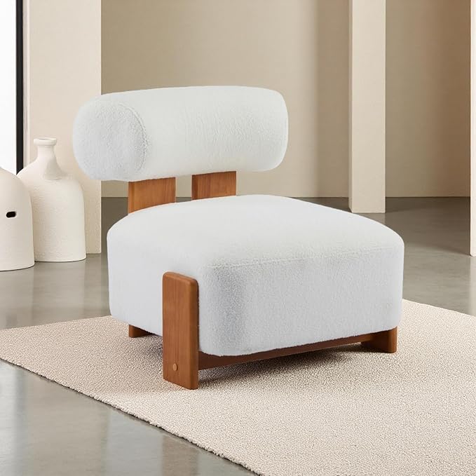 Chifee &amp Vingol Boucle Cloud Accent Lounge Chair Mid Century Armless Wood Legs Single Barrel Chairs with Rolled Backrest Reading Chair for Living Room Bedroom Small SpaceBeige