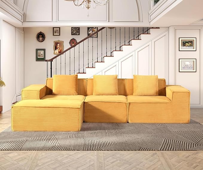 Harper Convertible Corduroy Sectional Couch with Ottoman &amp Pillows Modular L Shaped Sleeper Sofa Boneless Cloud Couch for Living Room Furniture Ginger Yellow