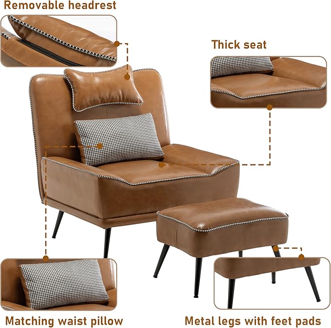 Yongqiang 35 Accent Chair with Ottoman Mid Century Modern Upholstered Faux Leather Chairs for Living Room Bedroom Lounge Chair Armless Sofa Chair and Ottoman Brown