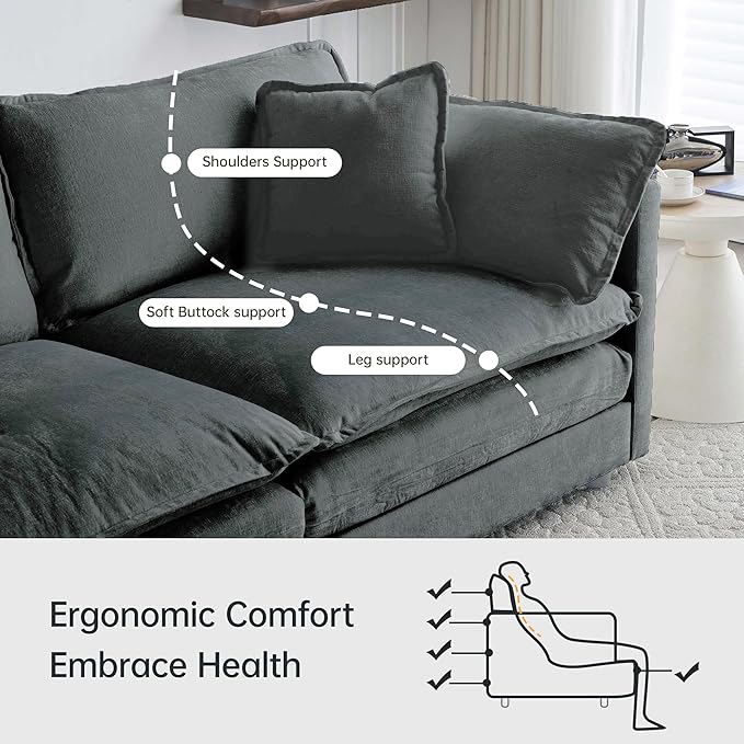 Modular Sectional Sofa 111.5 Inch L-Shaped Cloud Sofa with Deep Seat Chenille Sofa with Cushions Three-Self Sectional Sofa for Living Room ApartmentGray