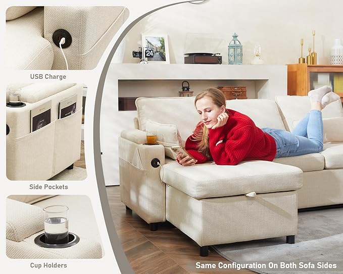 DURASPACE Sofa Bed Sleeper Pull Out 2 in 1 Sectional Sleeper Sofa Couches with StorageUSB Cup HolderPullout Sectional Couches for Apartment Living Room (Beige)