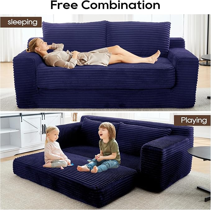 70.87 W Memory Foam Cloud Loveseat Sofa 2 in 1 Convertible Folding Couch Bed No Assembly Compressed Corduroy Floor Lounge Sofa for Apartment Office Bedroom Living Room Small Spaces