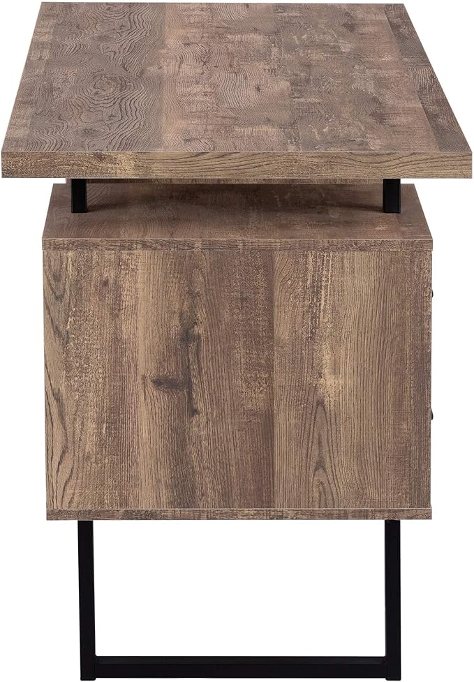 BOWERY HILL Computer Desk 60 in Wide Metal Legs Brown Reclaimed Wood-Look Finish Storage Drawers Thick-Panel Floating Top Reversible Configuration Modern Style Home Office Writing Desk