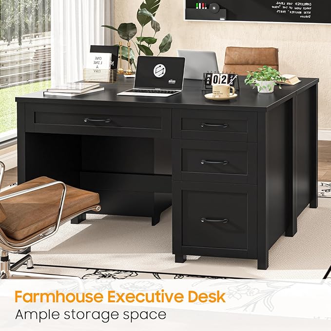 Farmhouse 47 Executive Desk with File Drawer Wood Computer Desk with 3 Storage Drawers Workstation for Home Office Study Writing(Pure Black)