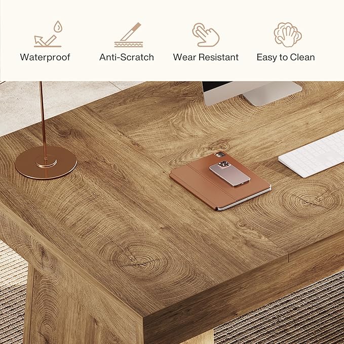 Tribesigns 55-Inch Executive Desk Thick Wood Office Computer Desk with Double Pedestal Modern Minimalist Workstations Writing Table Conference Table Furniture for Home Office Light Brown