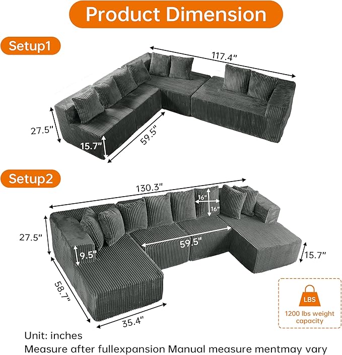 131 Cloud U-Shaped Sectional Sofa Modular Boneless Couch with Chaise4-Seater Couch for Living RoomPlush Corduroy Fabric No Assembly Required (Grey)