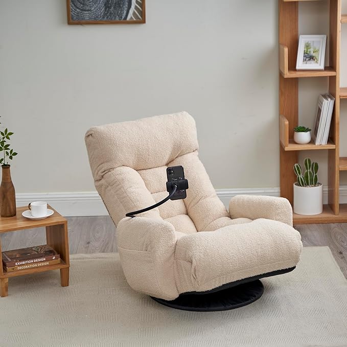 Gwen Upholstered 360° Swivel Chair Lounge Chair with Adjustable Backrest/Headrest Metal Frame Living Room Lounge Sofa and Phone Holder Comfy Bean Bag Chair Beige