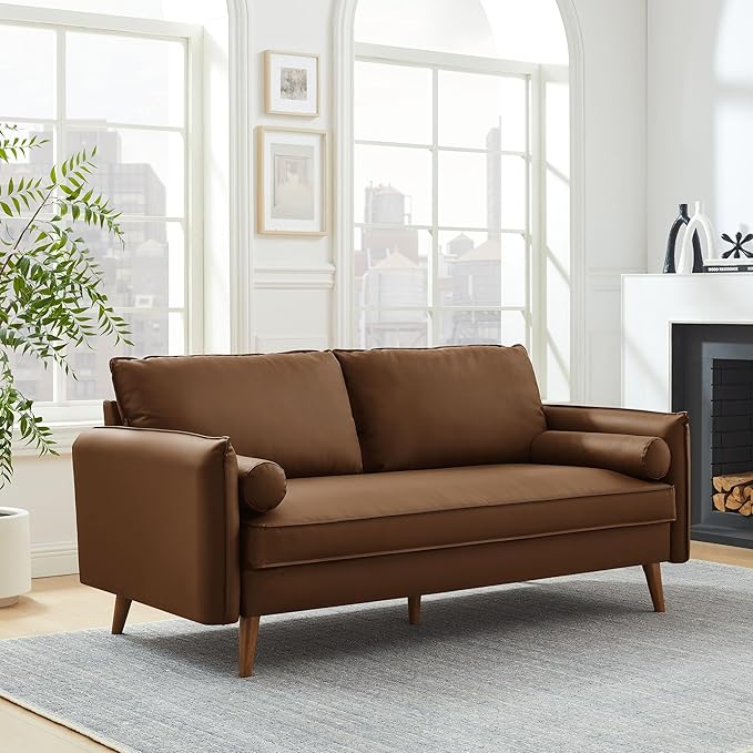 Modway Revive 72 Inch Faux Leather Sofa in Brown – 3 Seater PU Leather Couch with Cozy Wide Seats - Mid-Century Modern Upholstered Sofa for Living Room or Office