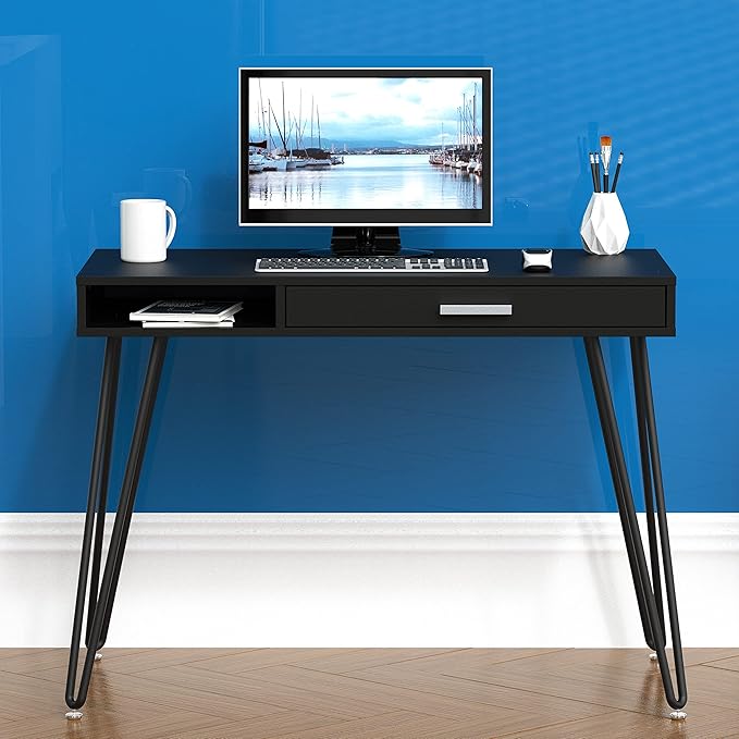 SHW Home Office Computer Hairpin Leg Desk with Drawer Black