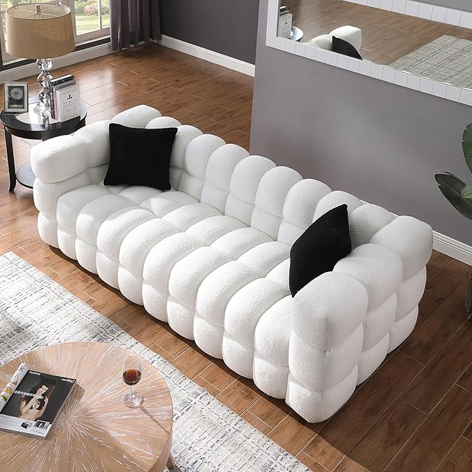 Comfy Marshmallow Loveseat Sofa3 Seater Boucle Cloud Couch with 2 Pillows Upholstered Love Seat with Throw Pillows Modern Living Sofa or Office Waiting Room (White)
