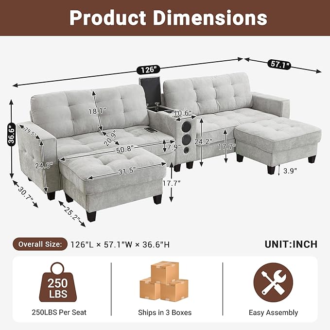 126 U Shaped Cloud Couch Sectional with Storage Ottomans Modular Sectional Sofa with Console for Living Room Modern Comfy Couch with Bluetooth Speaker/LED Light/Charging Station (Light Grey)