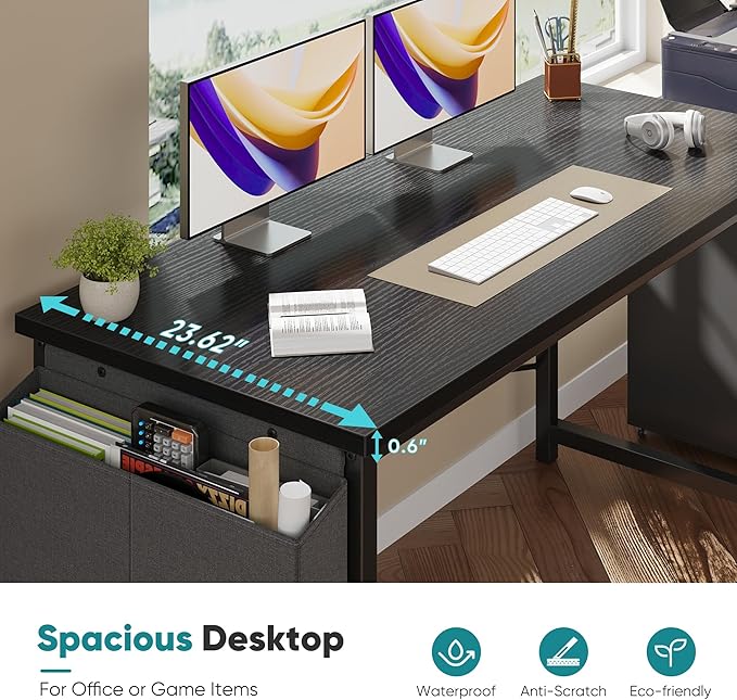 OLIXIS Computer Desk 63 Inch Home Office Desks for Small Spaces Gaming Writing Study Work Table with Storage Bag for Bedroom Black
