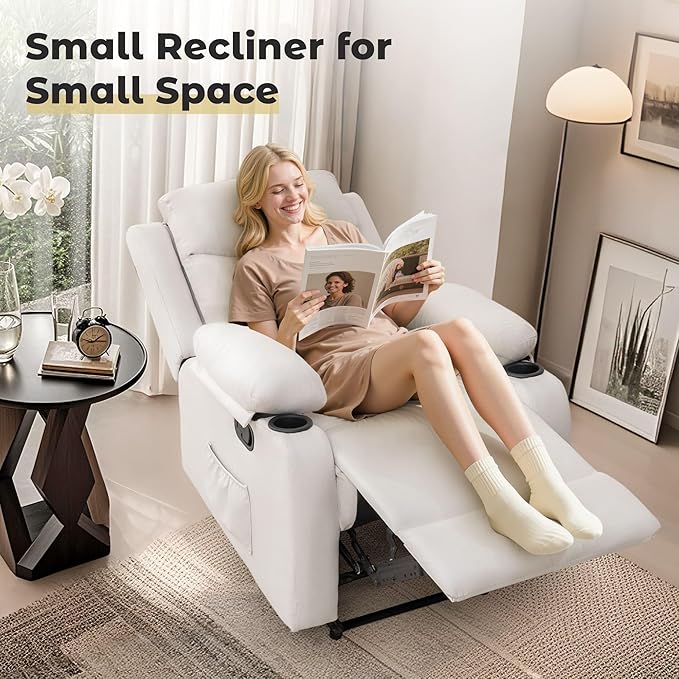 Manual Recliner Chair for Adults Small Recliners for Small Spaces Nursery Recliner with Adjustable Backrest Cup Holders and Side Pockets Reclining Chair for Living Room Beige