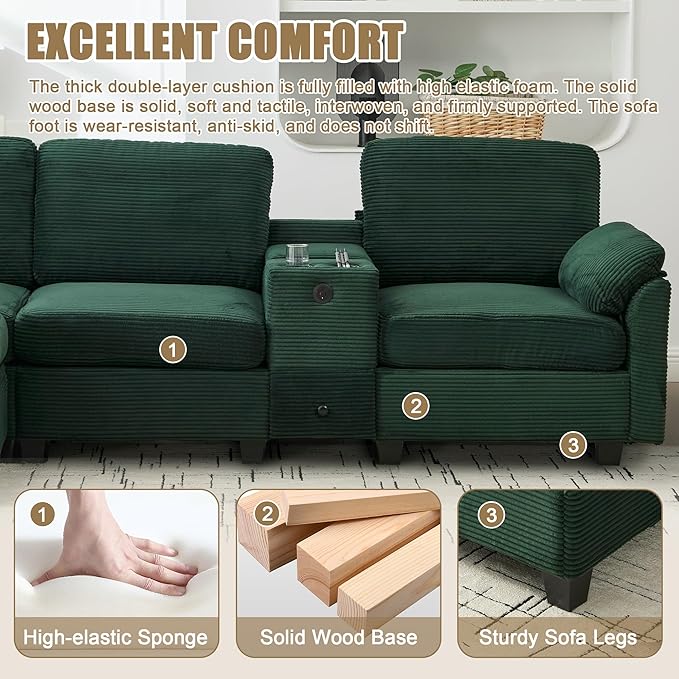 KEIKI 105 L-Shaped Oversized Corduroy Modular Sectional Sofa with 1 Ottoman and Multi Functional Console 4-Seater Upholstered Couch with USB and 2 Cup Holder Easy Assembly for Living Room Emerald