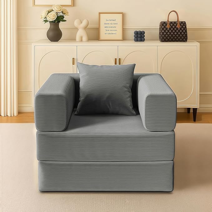 2-in-1 Floor Foldable Sofa Couch Convertible Sleeper Chaise Lounge Chair Indoor Portable Fold Out Futon Mattress with Back Support for Living RoomBedroom (Gray 35.43 Single Sofa)