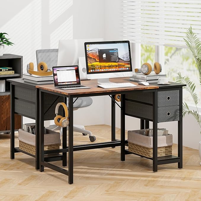 Tangkula 48-Inch Computer Desk with 2 Drawers Modern Home Office Desk with Hanging Hook &amp Storage Shelf Multipurpose Writing Desk for Study Bedroom (Rustic Brown 48)