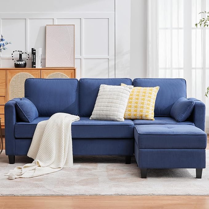 MAGIC UNION Convertible Sectional Couches for Living Room - Small Space Couches L-Shaped Sofa Upholstered 3 Seats Sofas W/Storage Chaise USB Ports Side Pockets and Pillows (Corduroy Fabric Blue)