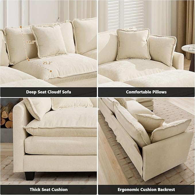 Setawix Modern Modular Sectional Sofa 78 Upholstered Chenille Loveseat with Movable Ottoman Comfy L-Shaped Sofa Oversized Deep Seat Cloud Couch with 2 Throw and Arm Pillows for Living Room Beige