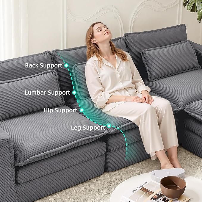 140 Sectional Couches Boneless Modular Sofa for Living Room with 2 Ottoman | No Assembly Required DIY Sofa Bed U shaped Couch | Corduroy Deep Seat with Double Layer Cushion &amp Removable Cover | Gr