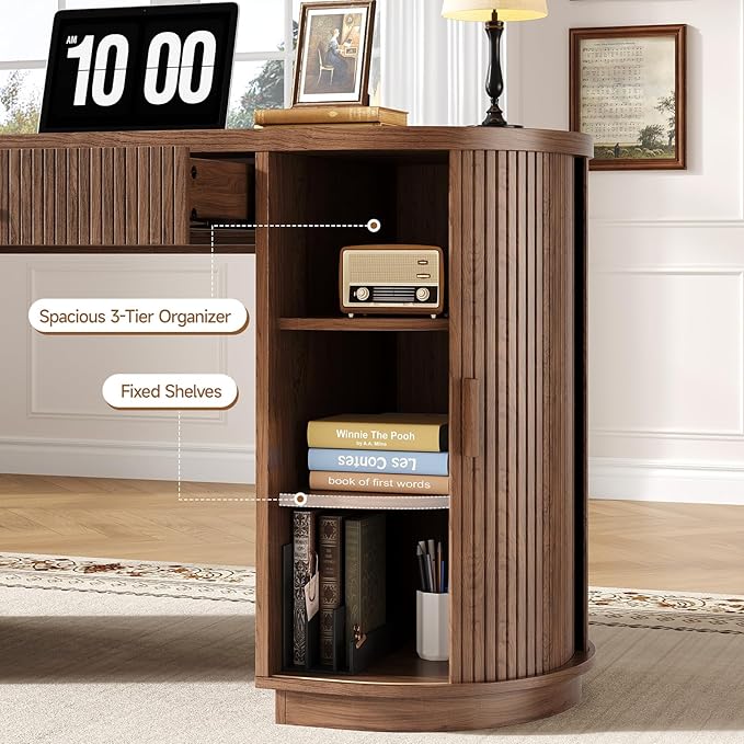 ONBRILL 58 Inch Fluted Executive Desk with Drawers Large Computer Desks with Storage Mid Century Modern Office Desk with Charging Station for Home Office Living Room Bedroom (Walnut)