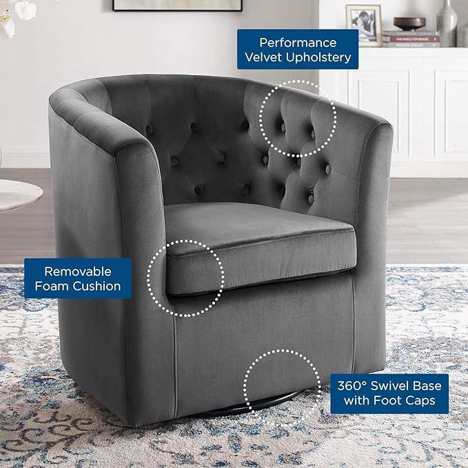 Modway Prospect Tufted Performance Velvet Swivel Armchair Charcoal 28D x 30W x 30H in