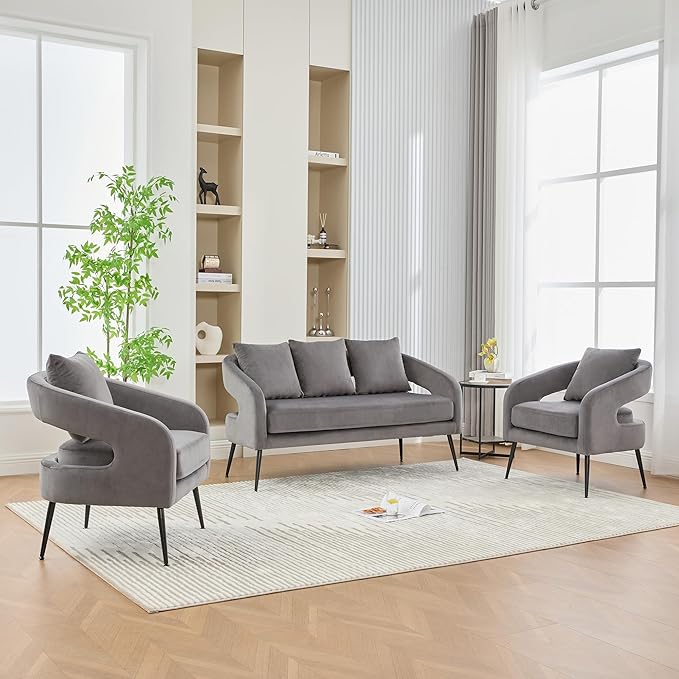 3-Piece Modern Minimalist Style Sofa Set with Metal LegsOpen Back Sofa Conversation SetLoveseat Couch &amp 2 Accent Chair for Living RoomBedroomOfficeReceptionCharcoal