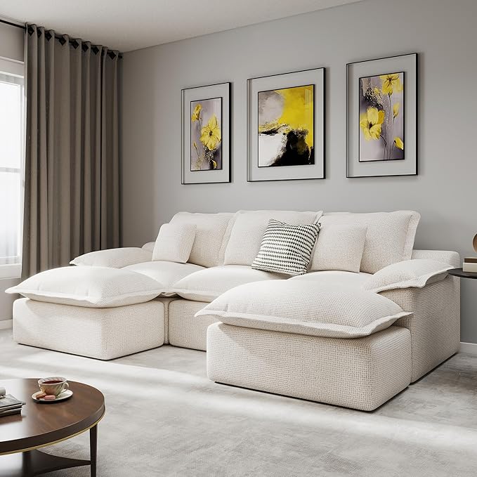 Modular Sectional Sofa 107'' Boneless Couches for Living Room 5-Seat Sofa with 2 Ottomans Cloud U Shaped Couch No Assembly Required Chenille Beige