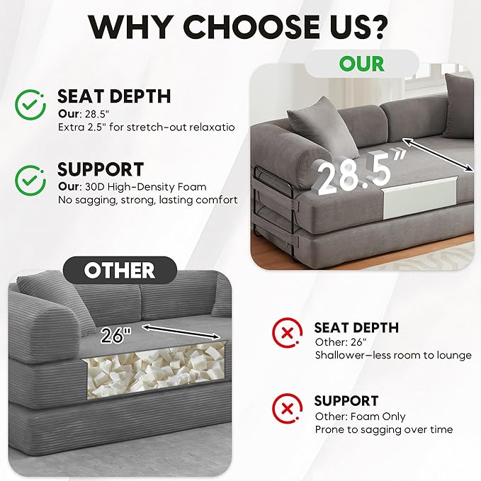 Convertible Sleeper Sofa Bed with Cylindrical Pillow Corduroy Folding Mattress Couch with Fixed-Shape Frame Floor Sofa Lounge Couch for Living Room Bedroom Lounge Studio-Grey