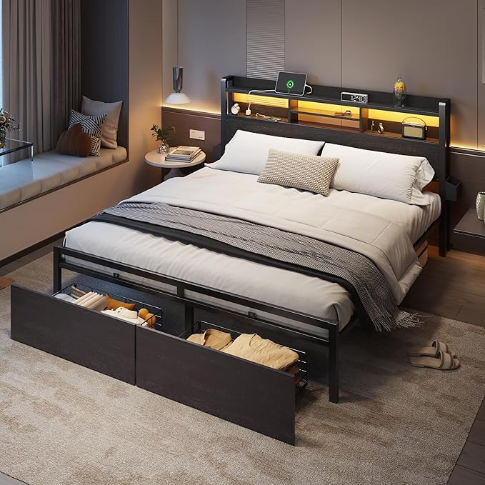 Furnulem King Bed Frame with Wood Headboard &amp Storage Drawers Metal Platform Bed Frames King Size with LED Lights Built in Charging Station No Box Spring Needed No Noise Easy Assembly Black