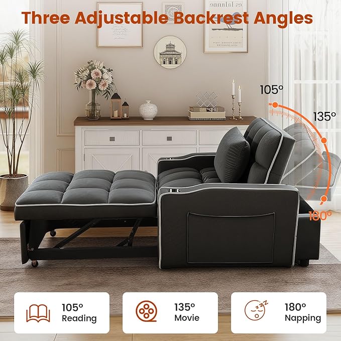 Convertible Sleeper Chair Bed Pull Out Chair Sleeper with Bracket and Cup Holder Chairs Bed Sleepers for Adults 3 in 1 Sofa Bed Chairs for Small Spaces Living Room Black