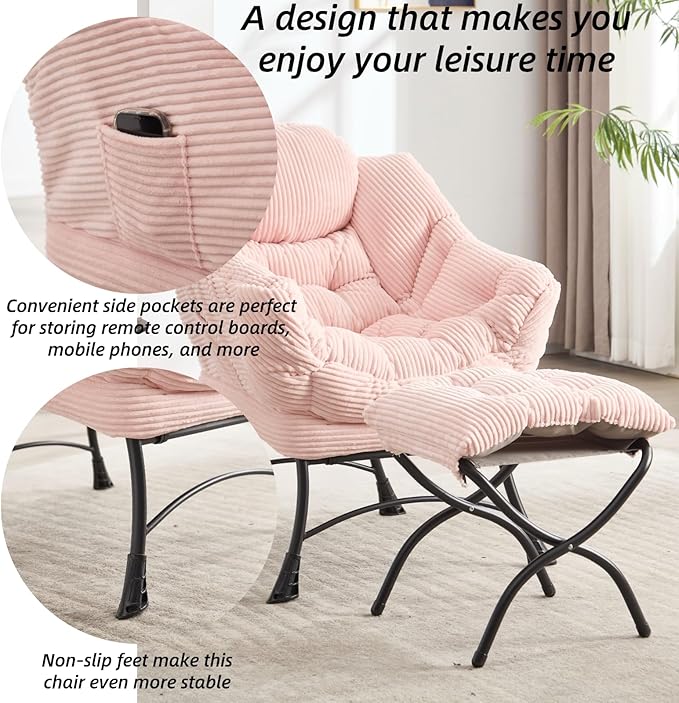Modern Lazy Chair with Ergonomic Ottoman Comfortable Lounge Chair with Footrest for Space Saving Comfy Reading Armchair for Living Room Bedroom Office Pink