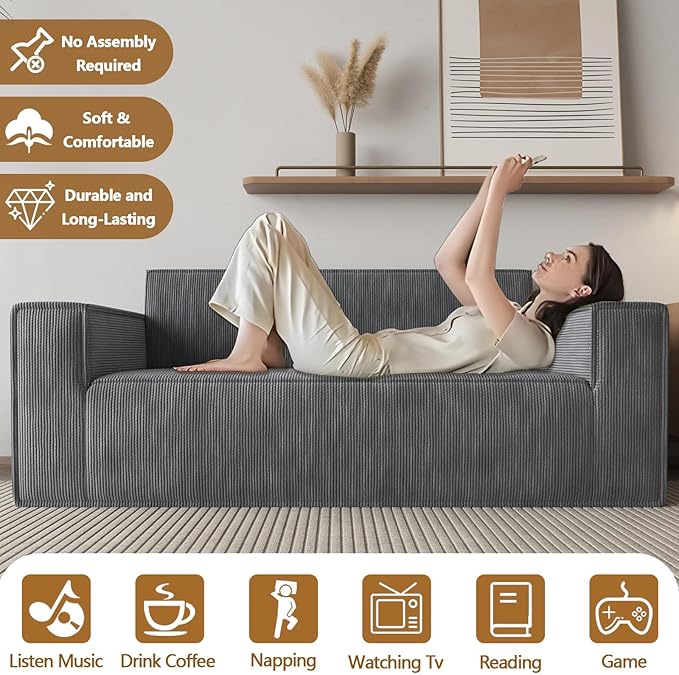 70 Grey Boneless Couches for Living Room Compressed Sofa Couch in a Box Corduroy Memory Foam Floor Couch for Adults Memory Foam Deep Seat No Assembly Required (Grey)