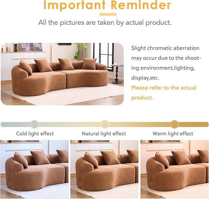 Oversized Sectional Sofa for Living Room 110 Modern Luxury Chenille 4-Seater Extra Deep &amp Wide Seat Curved Cloud Couch with 4 Throw Pillows No Assembly Needed Cream Camel