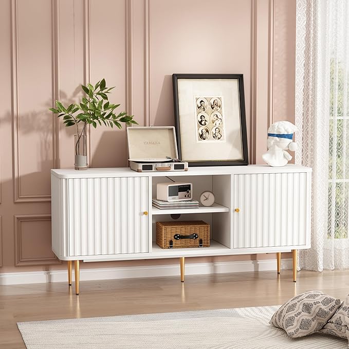 ARTPOWER 55” Fluted TV Stand Mid Century Modern White TV Stand for 55/60/65 inch TV Entertainment Center with Storage Television Stands TV Console Media Console for Living Room Bedroom
