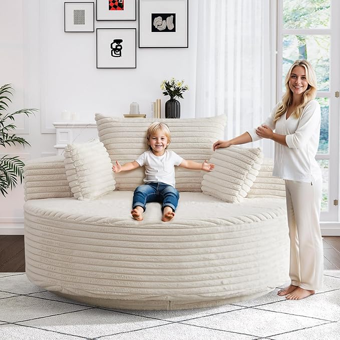 360-Degree Oversized Swivel Chair Modern Round Circle Corduroy Comfy Deep Seat Swivel Accent Chaise Lounge Sofa Chair with Back Cushion &amp 2 Throw Pillows for Living Room Bedroom Office Beige