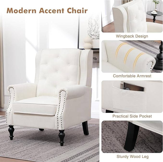 Modern Accent Chair Set Of 2 Wingback Living Room Chairs With High Back Accent Upholstered Armchair With Vintage Legs Comfy Sofa Chair Accent Chairs Set For Bedroom Home Office Reading WHITE