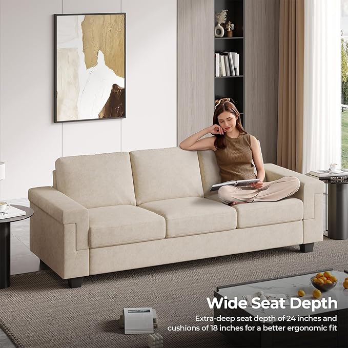3 Seater Sofa Couch with Deep Seat 90 Modern Upholstered Sofa with Armrests Easy Installation Comfy Couches for Living Room Apartment Beige