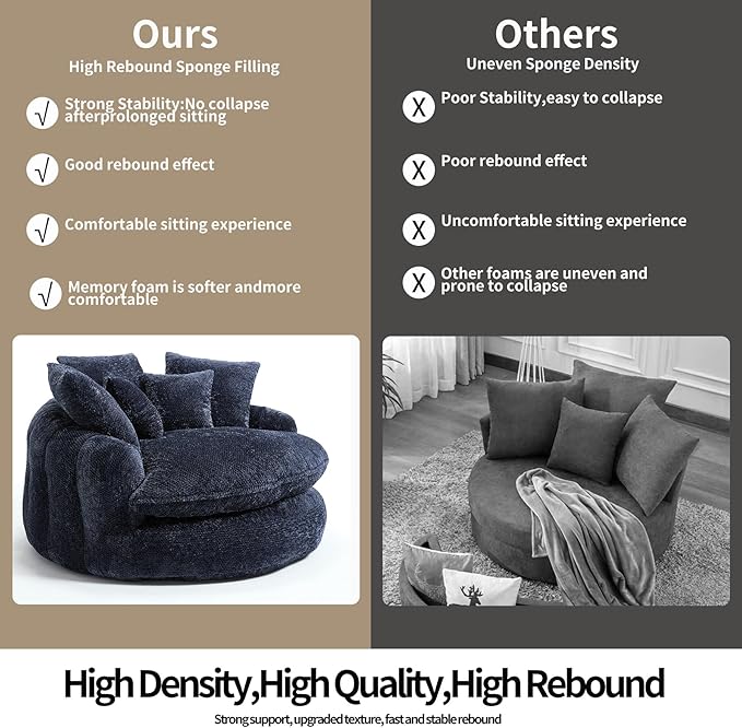 55 inch Oversized Round Chair Fluffy Chenille Boneless Sofa with Extra Deep Seat for Living Room Lounge (Blue)